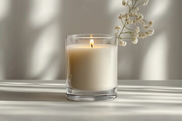 Minimalist White Candle in Glass Holder with Natural Light and Gentle Shadows