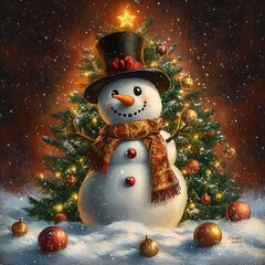 Obraz premium Cheerful Snowman with Top Hat and Colorful Scarf in Front of Christmas Tree