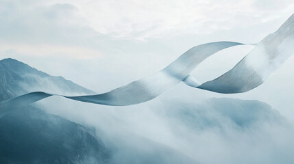 Ribbons of fabric float gracefully above misty mountains at dawn