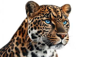 Leopard portrait, intense gaze, white background, wildlife