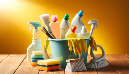 Cleaning supplies and tools for cleaning service concept
