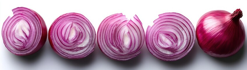 Obraz premium Sliced Red Onion Close-Up on White Background with Textures and Layers