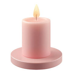 A pink candle with a lit flame sits on a pink base against a black background.