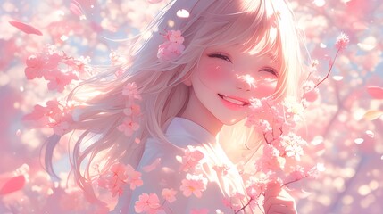 Happy girl, cherry blossoms, spring, sunlight, joy, background, illustration, website