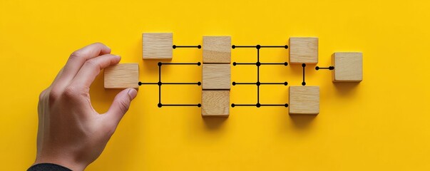 Flowchart for Business Process Workflow Automation with Wooden Blocks on Yellow Background