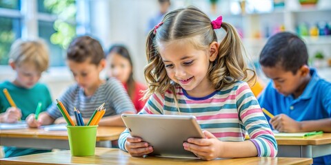 Fototapeta premium Engaged children utilizing tablets for learning in a colorful classroom that encourages curiosity and fosters a love for education and technology