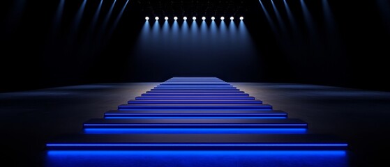 Naklejka premium Radiant Blue Illuminated Stairway Leading to a Stage Lit by Spotlights in a Theater or Venue