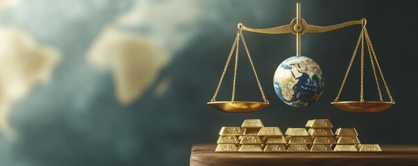 Scale balancing gold bars, intricate 3D illustration showcasing wealth and equilibrium, vibrant details emphasizing luxury and stability