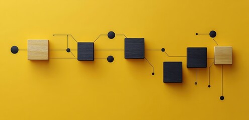 Workflow Automation Process Flowchart with Wooden Blocks on Bright Yellow Background