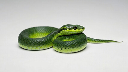 Fototapeta premium The snake is coiled, with distinctive stripes on its head. This close-up shows a vibrant green snake.