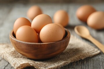 Fresh brown eggs in a wooden bowl on a rustic table with a spoon and burlap cloth. Generative AI