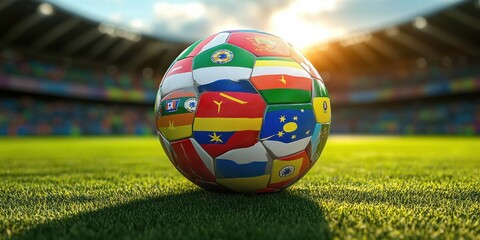 Vibrant Soccer Ball with South America Country Flags on Grass in Football Stadium at Golden Hour