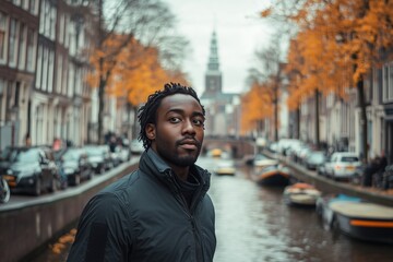 African-American man with traditional fade walks along Amsterdam canal, admiring autumn scenery and historic architecture