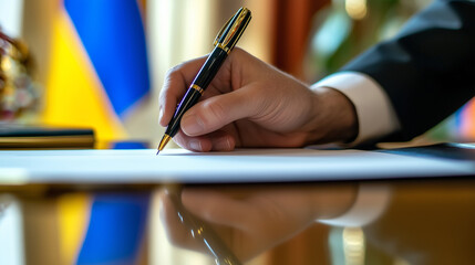 Signing a business document against the background of the Ukrainian flag