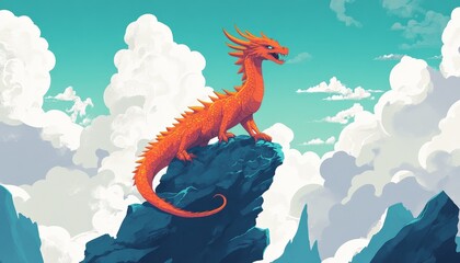 Majestic dragon illustration, perched fiercely on a rocky cliff, surrounded by swirling clouds and a vibrant sunset backdrop.