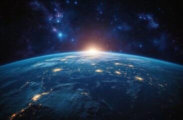 Fototapeta premium Stunning View of Earth from Space with Starry Sky and Sunrise Over Planet