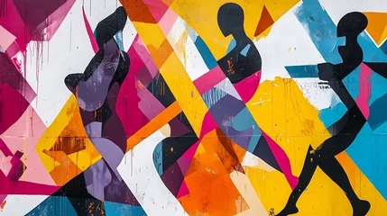 Keuken foto achterwand Abstract Geometric Street Art with Silhouetted Human Figures in Vibrant Colors   © Murshid