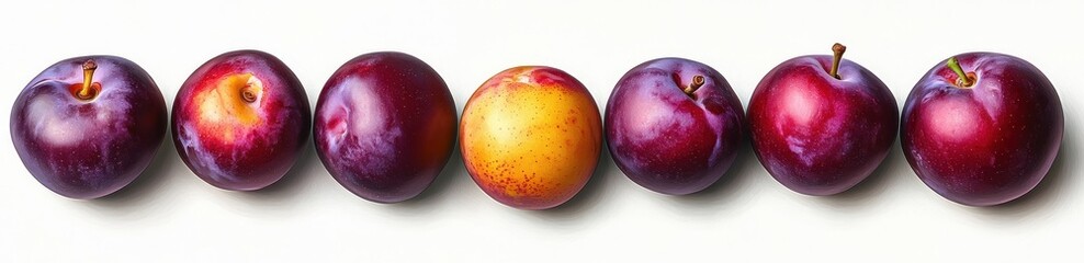 Fototapeta premium Fresh Ripe Whole and Sliced Plums on White Background