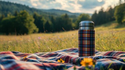 Fototapeta premium Cozy picnic setup on a grassy field with a thermos, spring leisure