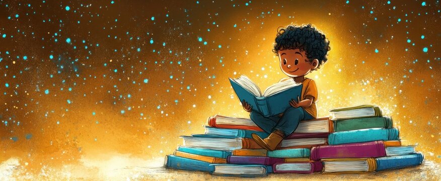 Joyful African American Boy Reading a Book in a Colorful Stack of Books