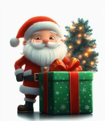 Whimsical Santa Claus Character with Green Gift Box and Red Ribbon in Cartoon Style for Christmas Card
