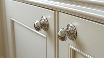 Cream kitchen cabinets' chrome knobs close up, bright ambience, for interior design