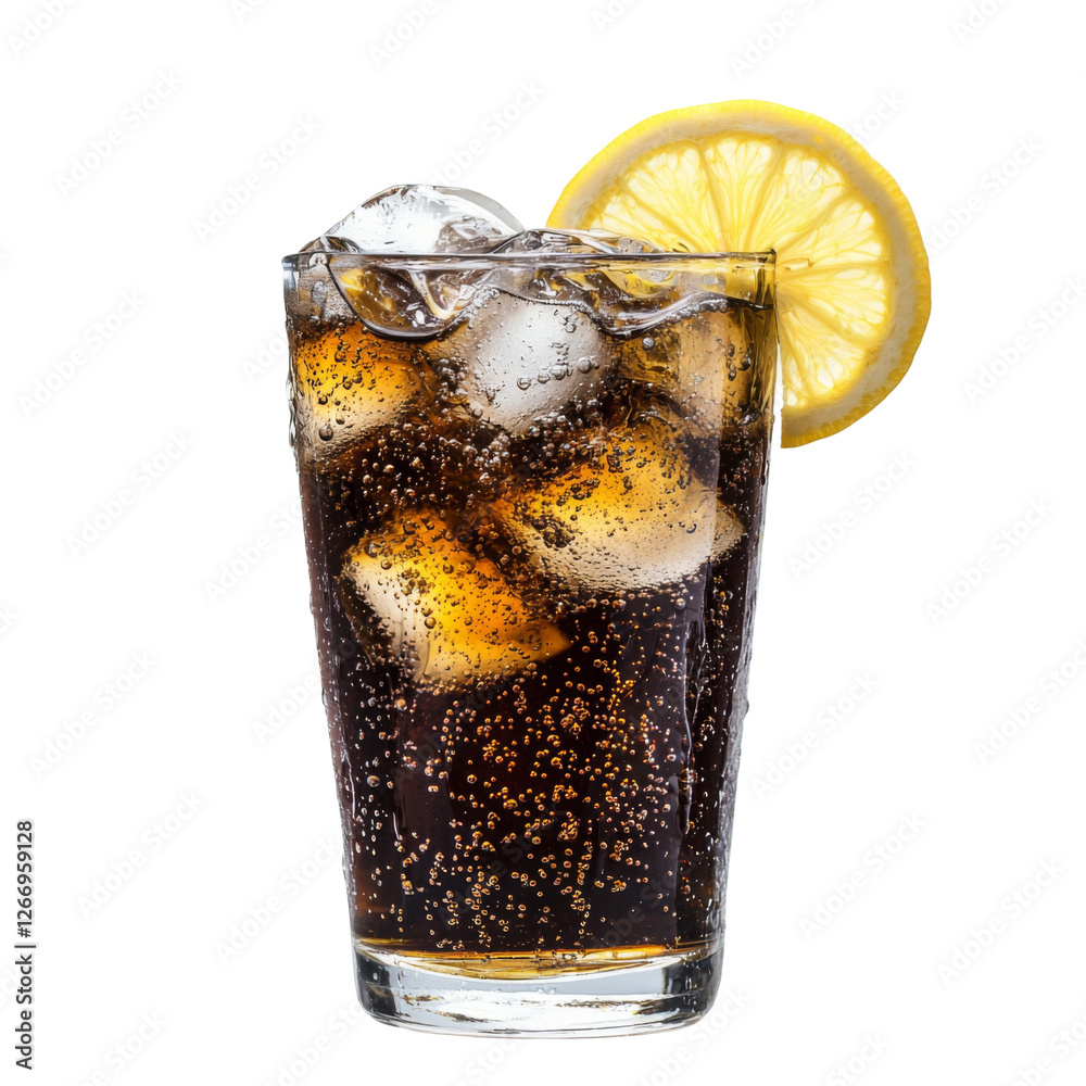 Poster Refreshing glass of with ice and lemon slice, perfect for hot days. Enjoy fizzy bubbles and citrus flavor