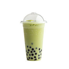 Creamy green tea beverage with tapioca pearls in clear cup. Refreshing and delicious, perfect for warm day