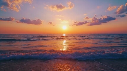 Serene Sunset Over Ocean Waves At Beach