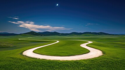 Obraz premium Winding road through green valley at night, moonlit sky. Use travel brochure