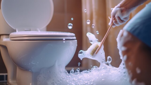 A male adult vigorously scrubs a toilet bowl with a brush, creating frothy bubbles around him in a bright and clean bathroom. The scene captures a moment of thorough cleaning effort