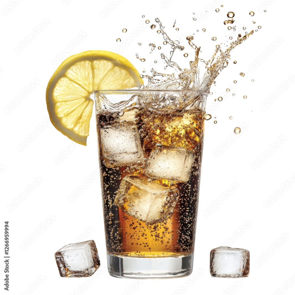Poster Refreshing drink with ice and lemon slice, splashing in glass