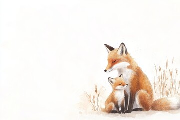 Obraz premium Mother fox nurturing her playful cub in a serene woodland setting, vibrant colors blending harmoniously, evoking warmth and tenderness.