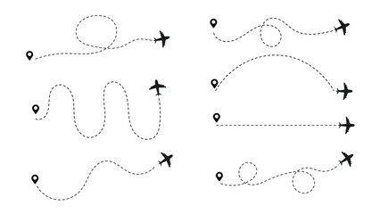 Airplane dotted route line set. Airplane dashed line path flat style design isolated on white background. plane icon follow from start pin point to finish by dashed line. Airplane route trace flight