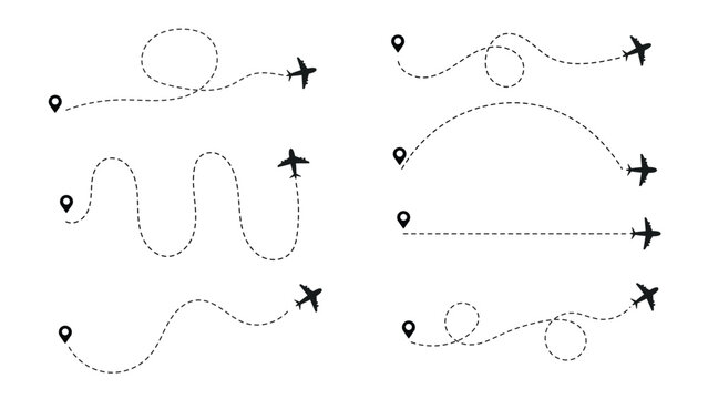 Airplane dotted route line set. Airplane dashed line path flat style design isolated on white background. plane icon follow from start pin point to finish by dashed line. Airplane route trace flight