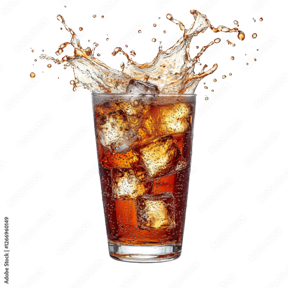 Poster Refreshing beverage with ice cubes splashing in glass, showcasing bubbles and liquid movement. Perfect for summer or parties