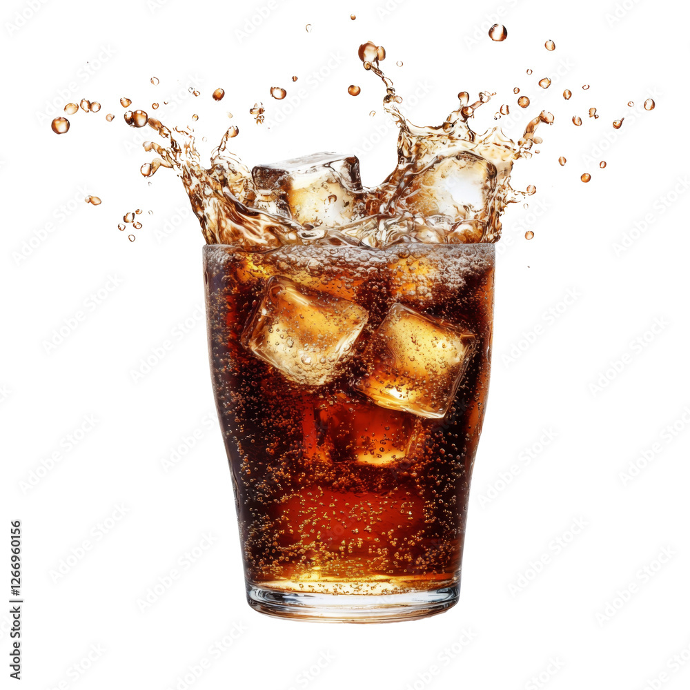 Poster Refreshing beverage with ice cubes splashing in glass, creating lively scene. Perfect for summer enjoyment or casual gathering