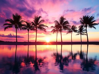Fototapeta premium Fiery Orange and Purple Sunset with Silhouetted Palm Trees Reflecting Over a Tranquil Tropical Lagoon, Creating a Serene and Dreamy Beach Paradise Scene