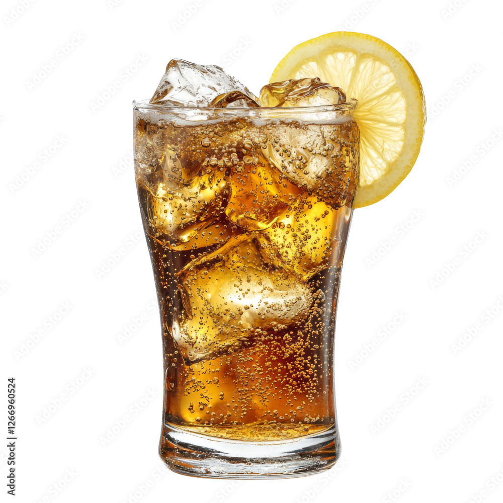 Poster refreshing glass of with ice and lemon slice, perfect for hot days. enjoy fizzy bubbles and citrus f
