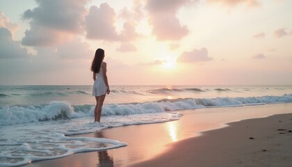 A lonely woman on the beach, experiencing solitude at sunset
