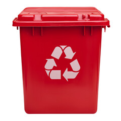 Red recycling bin with recycling symbol, promoting eco friendly practices and waste management