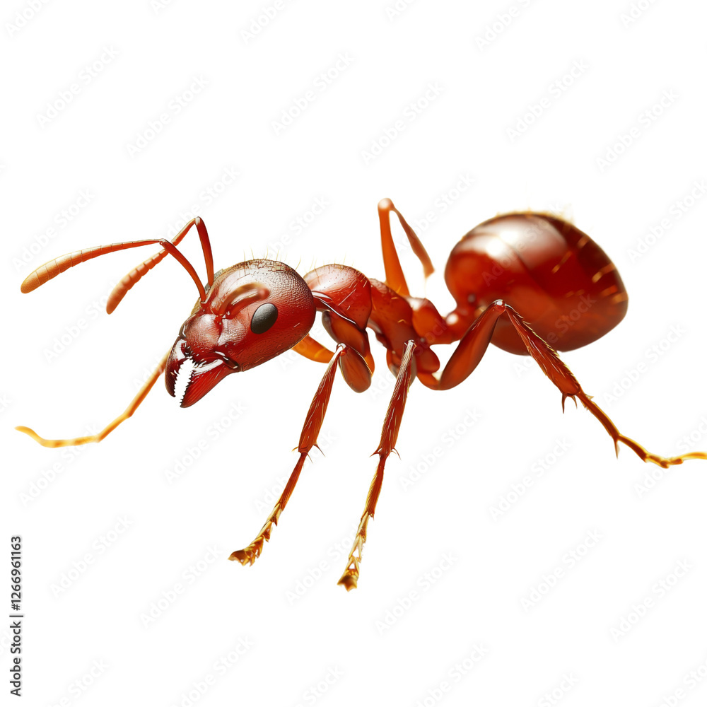 Poster Realistic red ant with detailed features, showcasing its segmented body and antennae, emphasizing its natural habitat and behavior