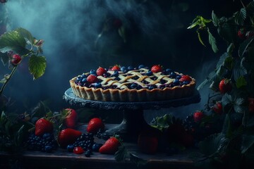 blueberry pie with a lattice crust, sitting in front of a dark background, surrounded by strawberries and wild berries.