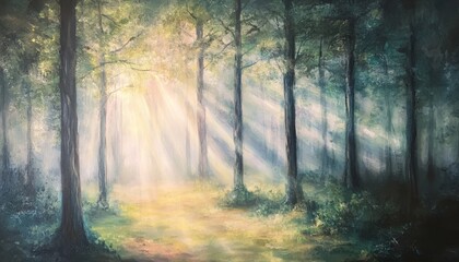 Obraz premium Serene Forest Retreat, a tranquil woodland with towering trees enveloped in soft light, inviting calm and reflection amidst nature's embrace