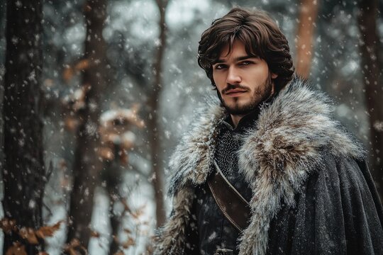 Handsome medieval prince in a fur - lined cloak, standing in a snowy forest