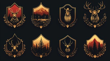 A collection of vintage-style wildlife and nature-themed emblems.