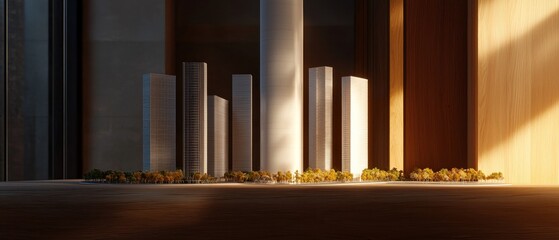 Fototapeta premium Architectural Model of Skyscrapers, Interior Display, Sunlight
