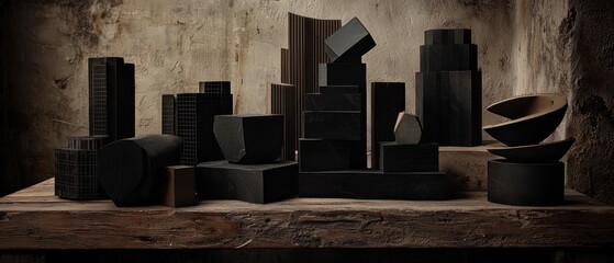 Dark Abstract Cityscape on Rustic Table