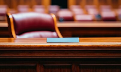 Elegant Wooden Courtroom with Rows of Red Leather Chairs
