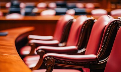 Elegant Wooden Courtroom with Rows of Red Leather Chairs